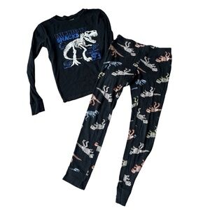 Old Navy Kids Dinosaur Skeleton Pajama Set XL (12) Black Long Sleeve Pjs Cotton